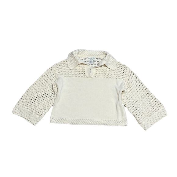 Rachel Zoe Cream Open Knit Collared Sweater XS Cotton Knit Pullover Top Cropped - Picture 1 of 4